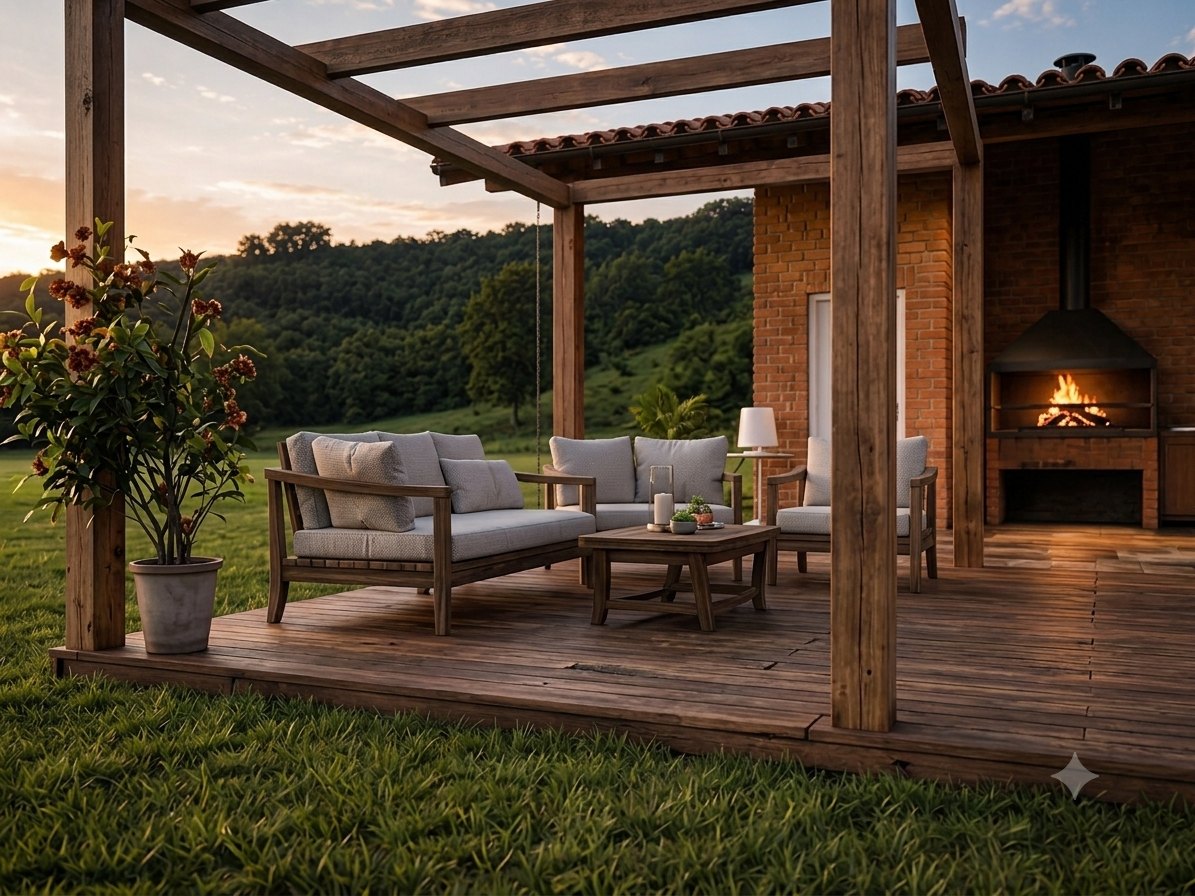Deck coberto com lareira e vista para o campo