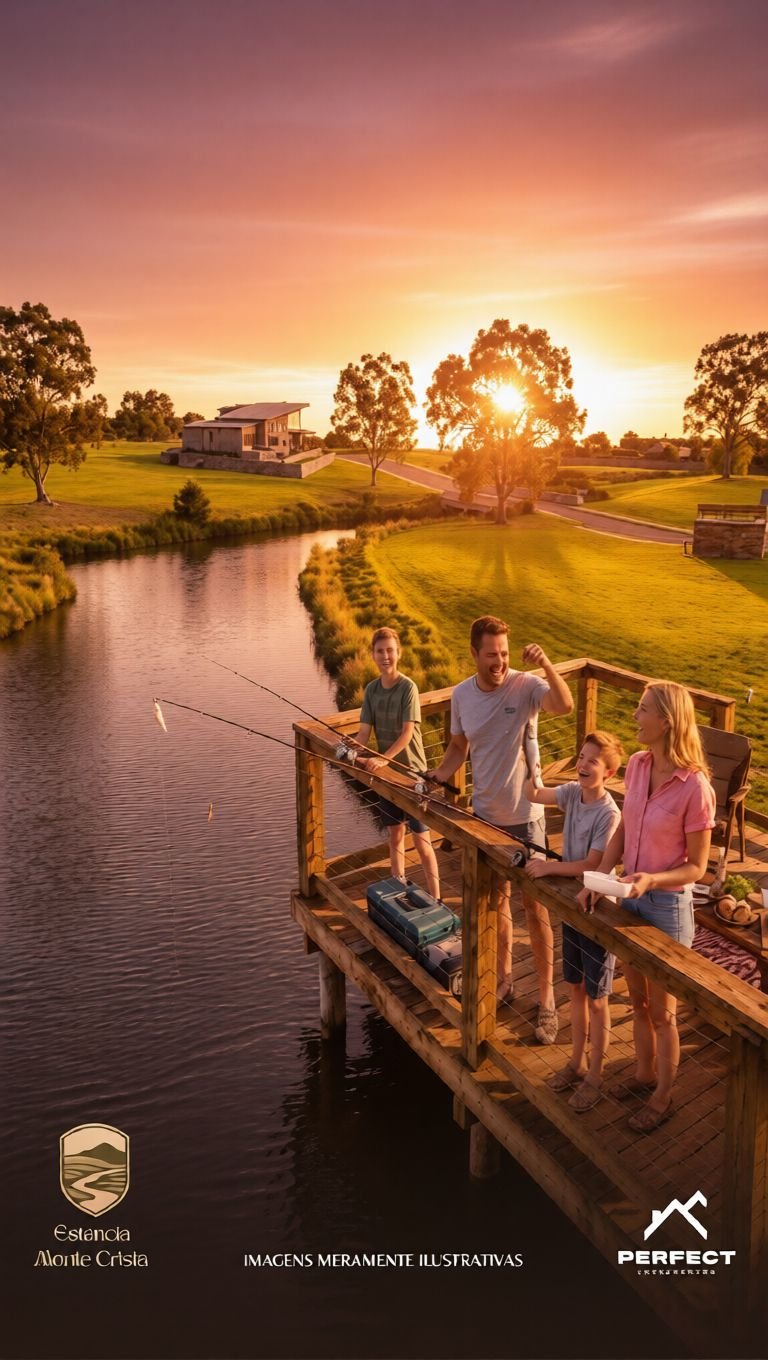 Família pescando no deck à beira do lago